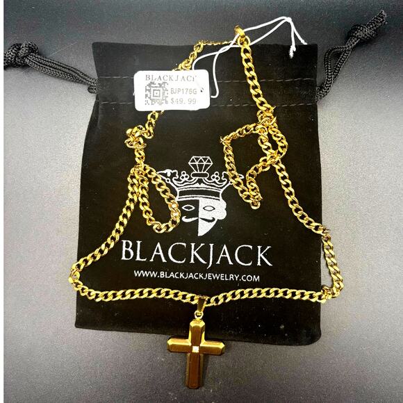 Blackjack BJP176G Mens Gold Stainless Steel Cross Pendant Necklace With CZ NIBWT - Picture 4 of 17